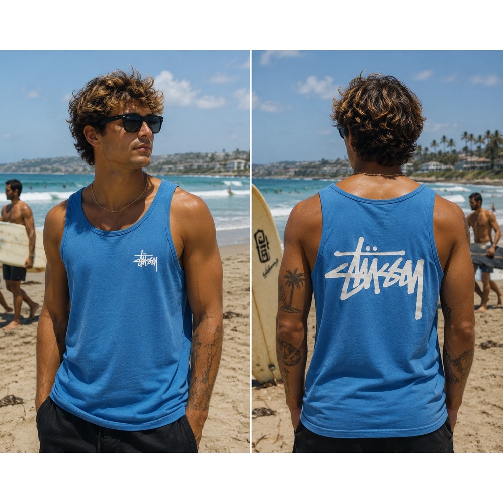 Stussy Tank Top Men's Small Blue Large Back Logo Surf Skate Streetwear CUT TAG
